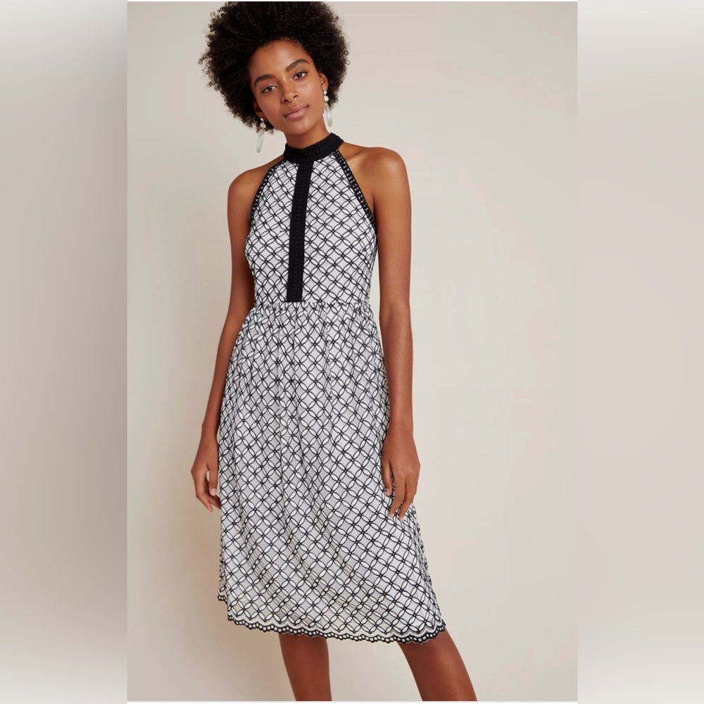Anthropologie Black and White Cut Out Tie Front Midi Dress